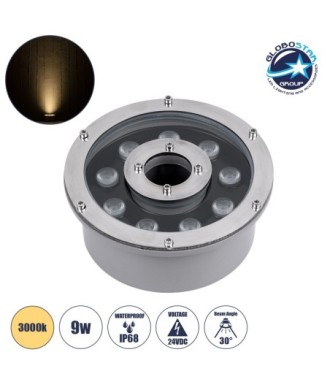 GLOBOSTAR® UNDERWATER-FINA 90674 Υποβρύχιος Προβολέας Σποτ για Σιντριβάνια-Πισίνες LED 9W 990lm 30° DC 24V Αδιάβροχο IP68 Θερμό Λευκό 2700K Dimmable - Ανοξείδωτο Ατσάλι 304 - Φ16 x Υ8cm - 3 Χρόνια Εγγύηση